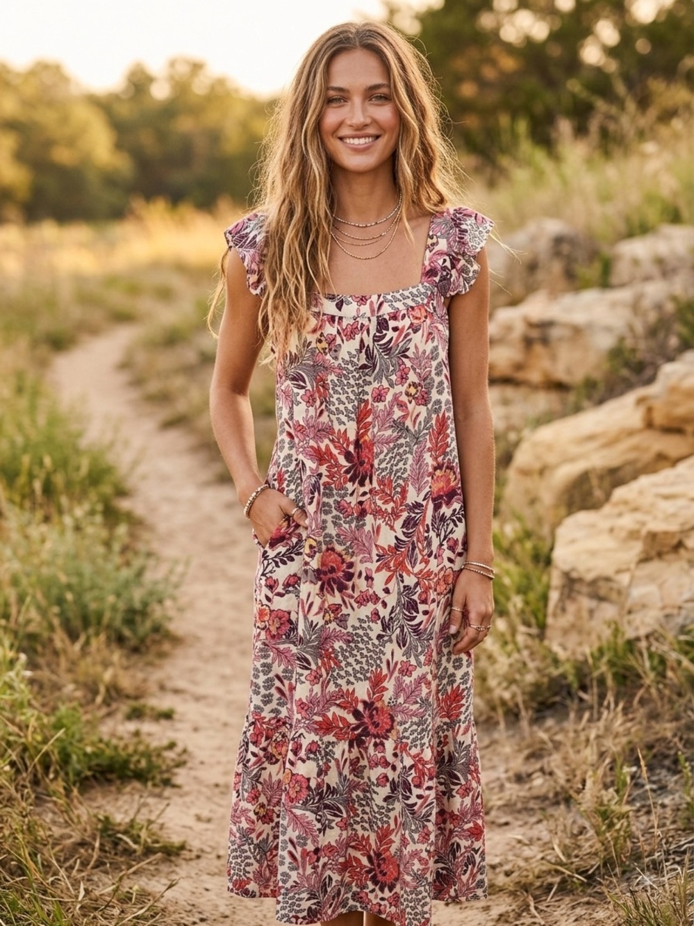 Knox Rose Boho Cottagecore Floral Maxi Dress with Pockets